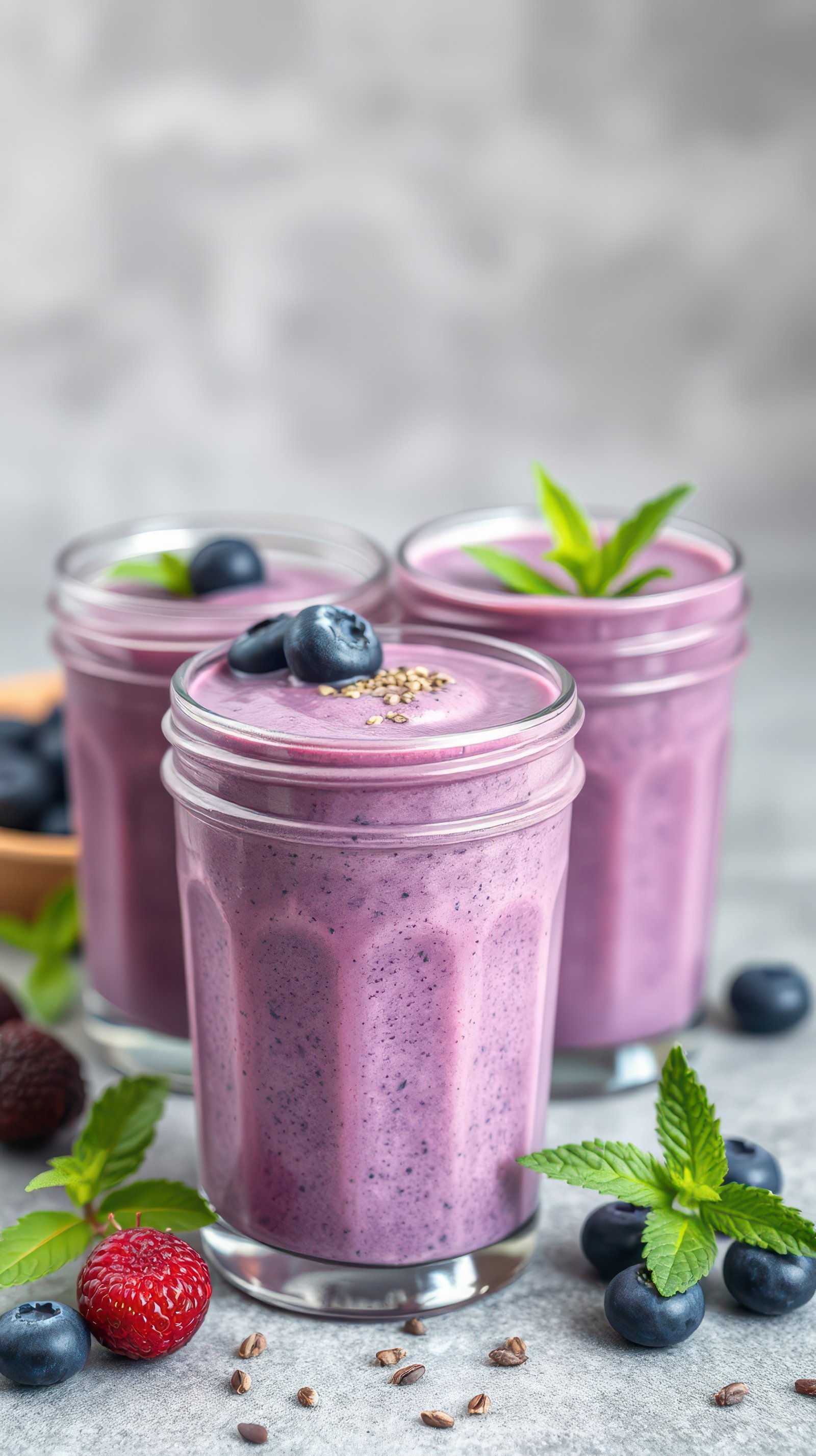Colorful berry smoothie served in glass jars with fresh mint leaves and berries for a healthy snack or breakfast option
